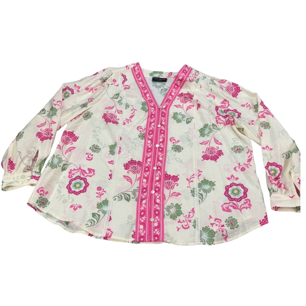 Lane Bryant Pink Green Floral Paisley V-Neck Button‎ Front Blouse Top 18